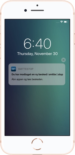 Telefon med notifikation fra Smittestop app